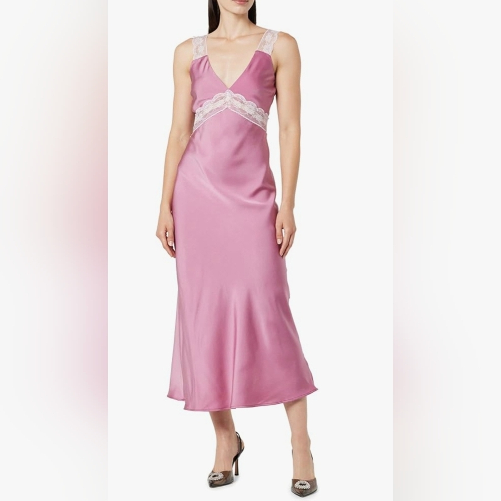 Lace-Trim Satin Midi Dress in Dusty Pink
